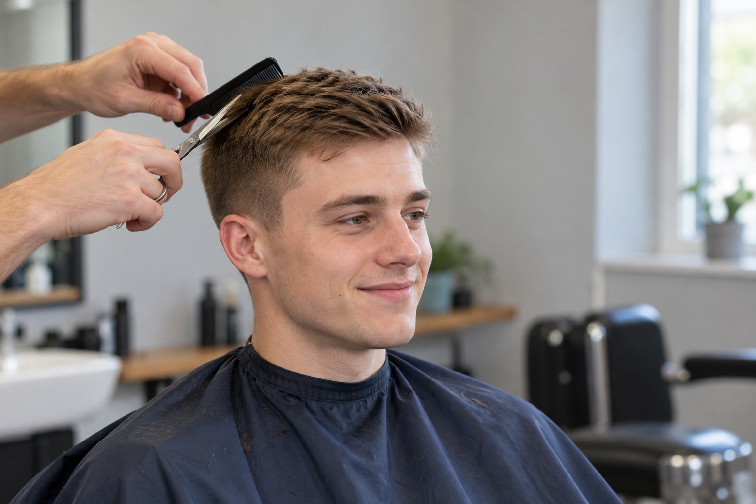 Young man having a standard scissor haircut